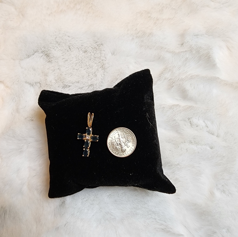 Sapphire Cross Pendant with one accent diamond, 14k gold